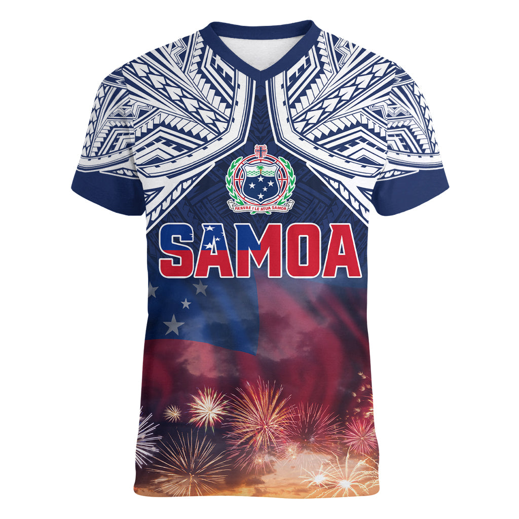 Samoa Indenpendence Day Women V Neck T Shirt Sky Fireworks with Flag Style LT03 Female Black - Polynesian Pride