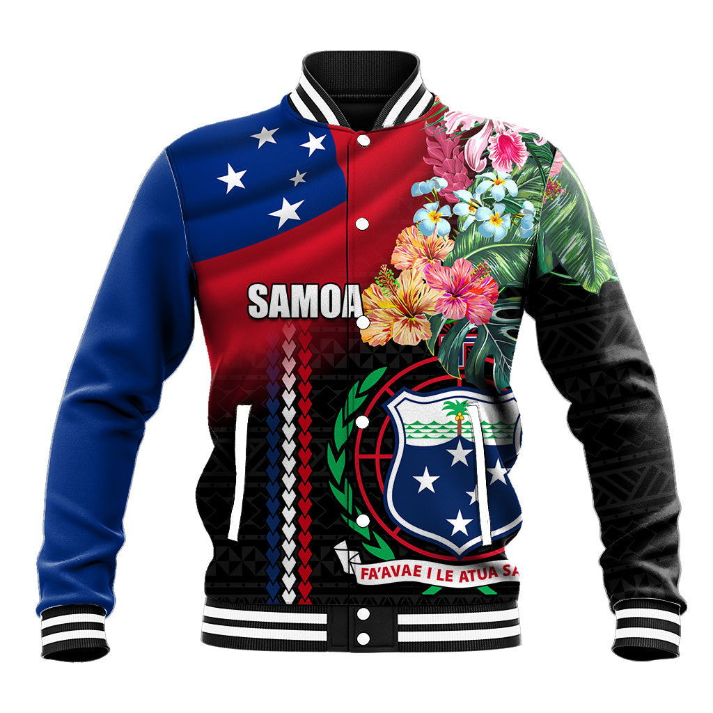 Personalised Samoa Indenpendence Day Baseball Jacket Tropical Samoan Coat of Arms With Siapo Pattern LT03 Unisex Black - Polynesian Pride