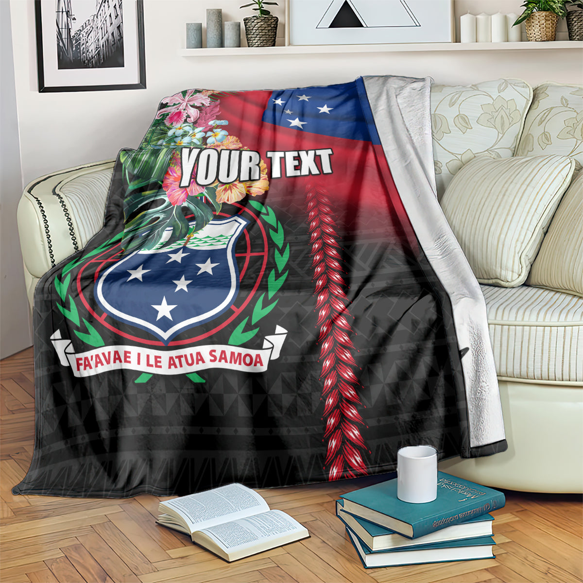 Personalised Samoa Indenpendence Day Blanket Tropical Samoan Coat of Arms With Siapo Pattern LT03 Black - Polynesian Pride