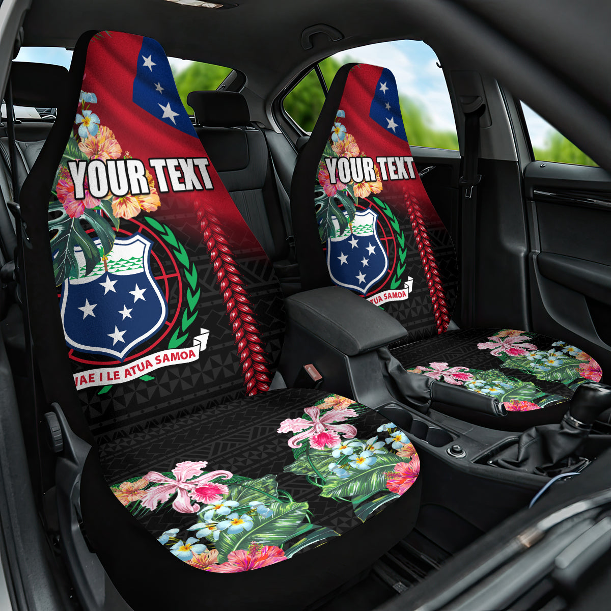 Personalised Samoa Indenpendence Day Car Seat Cover Tropical Samoan Coat of Arms With Siapo Pattern LT03 One Size Black - Polynesian Pride