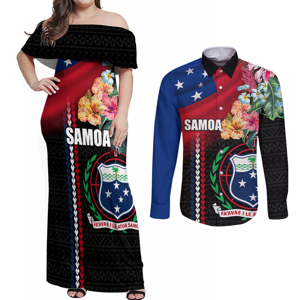 Personalised Samoa Indenpendence Day Couples Matching Off Shoulder Maxi Dress and Long Sleeve Button Shirt Tropical Samoan Coat of Arms With Siapo Pattern LT03 Black - Polynesian Pride