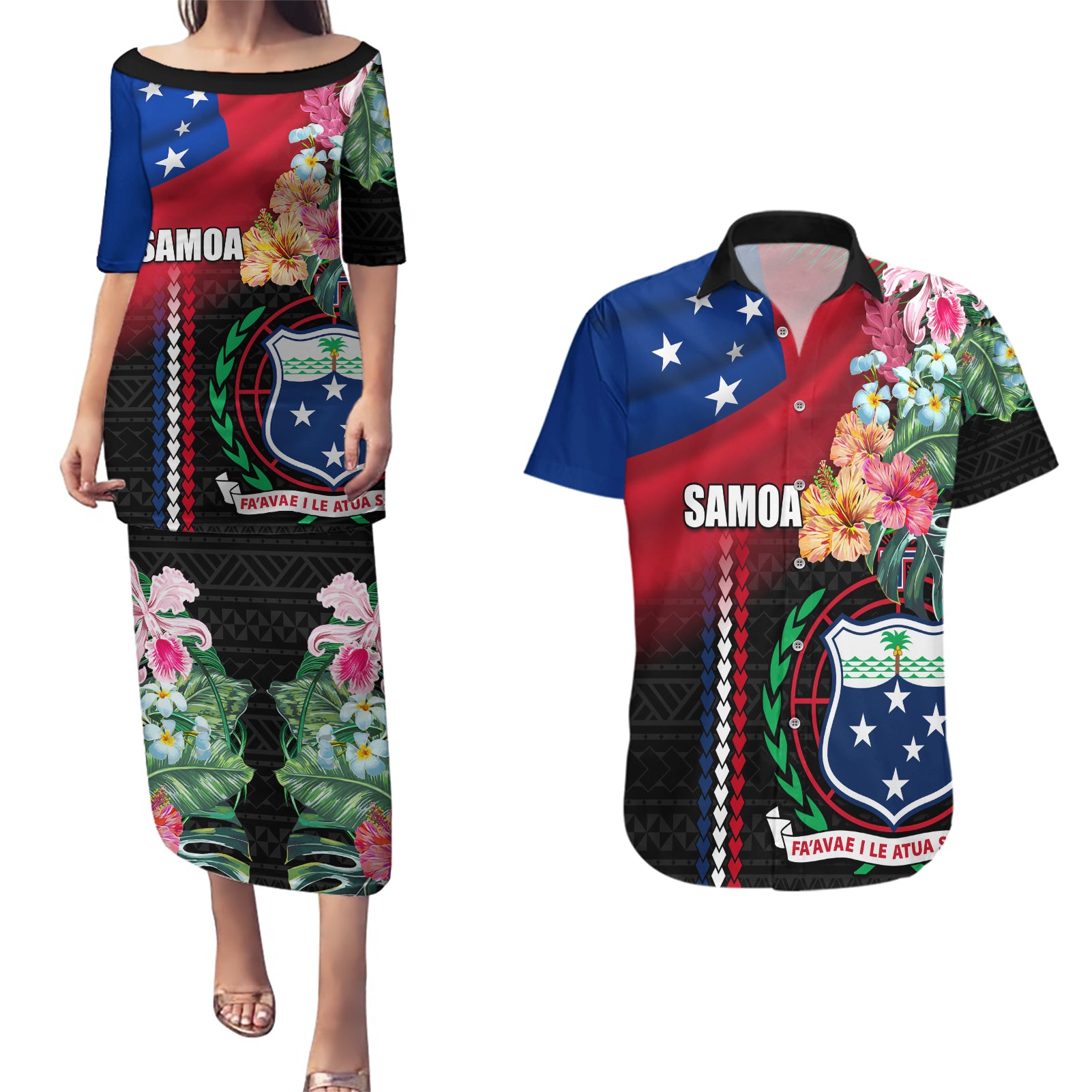 Personalised Samoa Indenpendence Day Couples Matching Puletasi and Hawaiian Shirt Tropical Samoan Coat of Arms With Siapo Pattern LT03 Black - Polynesian Pride