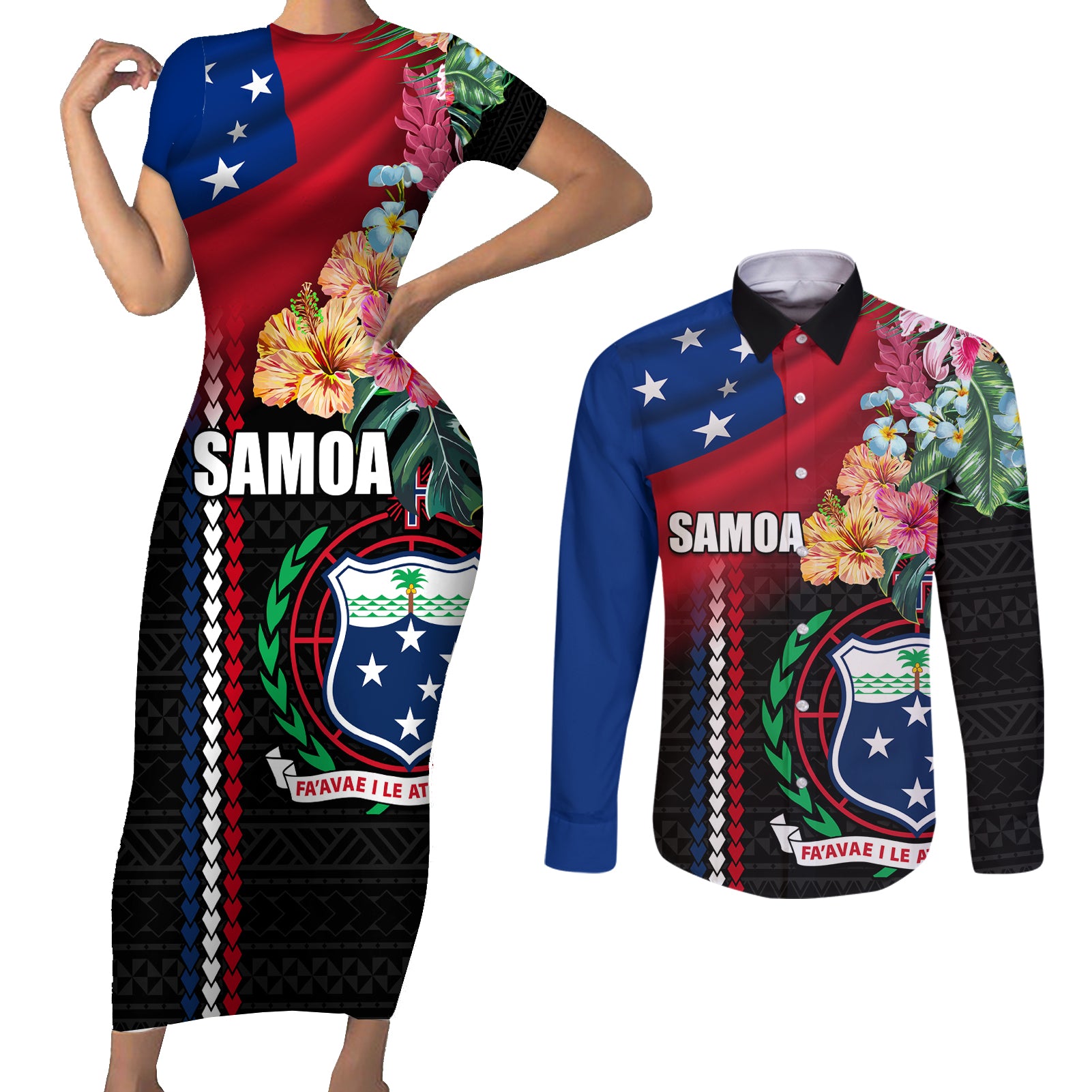 Personalised Samoa Indenpendence Day Couples Matching Short Sleeve Bodycon Dress and Long Sleeve Button Shirt Tropical Samoan Coat of Arms With Siapo Pattern LT03 Black - Polynesian Pride