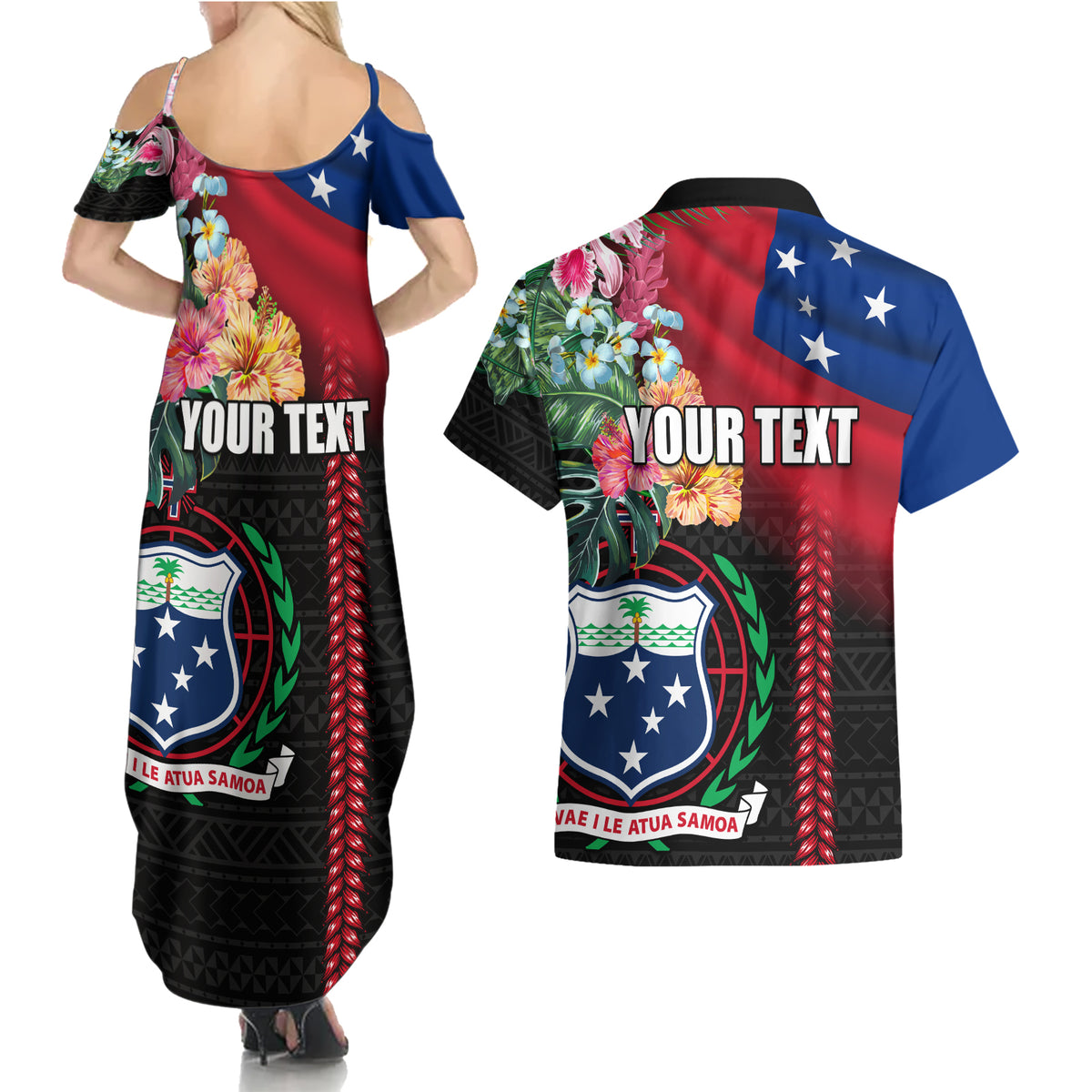 Personalised Samoa Indenpendence Day Couples Matching Summer Maxi Dress and Hawaiian Shirt Tropical Samoan Coat of Arms With Siapo Pattern LT03 - Polynesian Pride