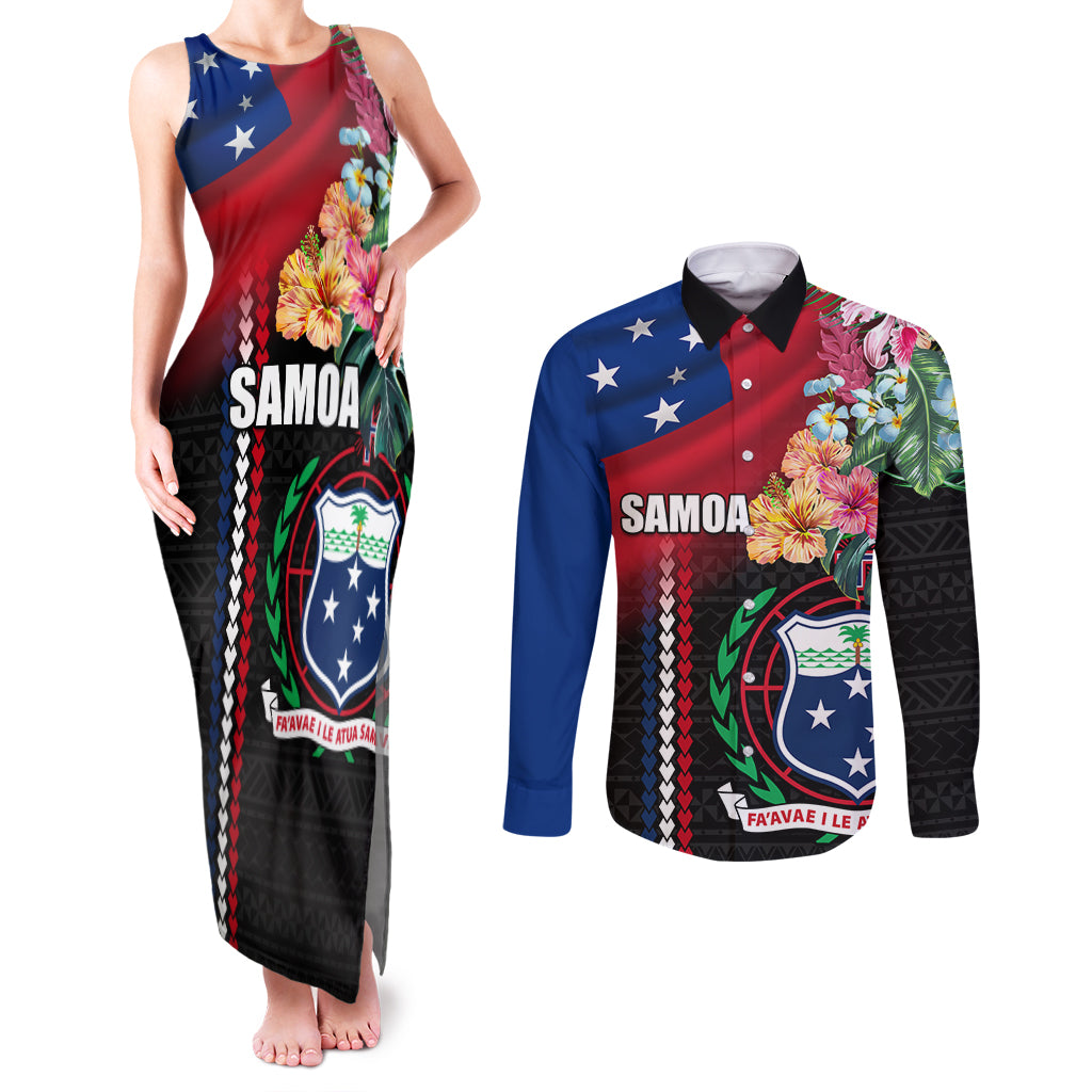 Personalised Samoa Indenpendence Day Couples Matching Tank Maxi Dress and Long Sleeve Button Shirt Tropical Samoan Coat of Arms With Siapo Pattern LT03 Black - Polynesian Pride