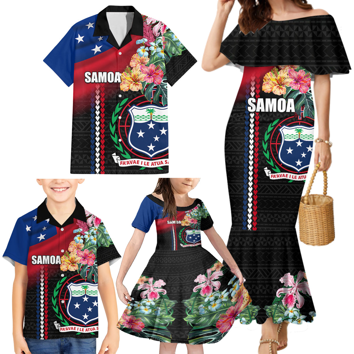 Personalised Samoa Indenpendence Day Family Matching Mermaid Dress and Hawaiian Shirt Tropical Samoan Coat of Arms With Siapo Pattern LT03 - Polynesian Pride