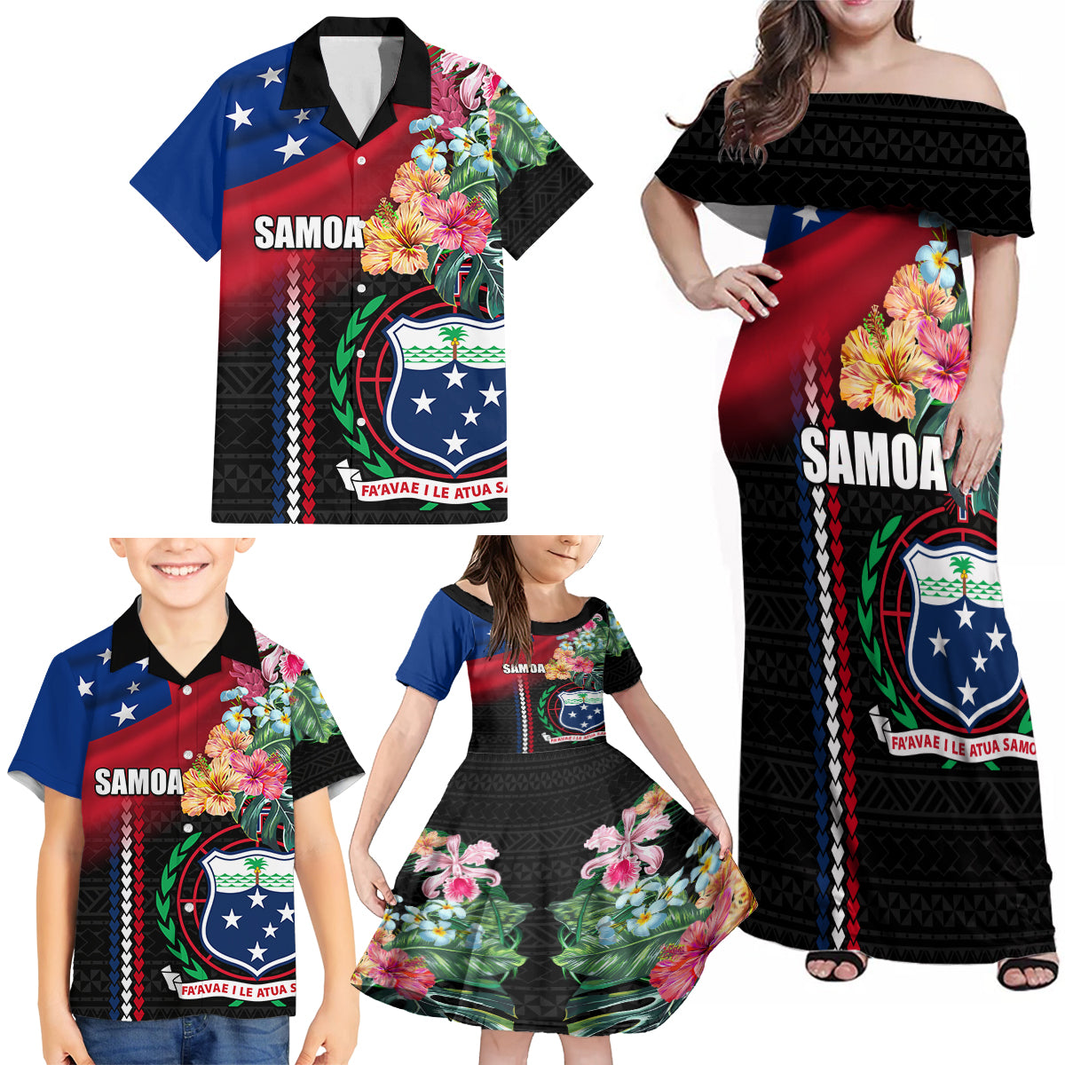 Personalised Samoa Indenpendence Day Family Matching Off Shoulder Maxi Dress and Hawaiian Shirt Tropical Samoan Coat of Arms With Siapo Pattern LT03 - Polynesian Pride