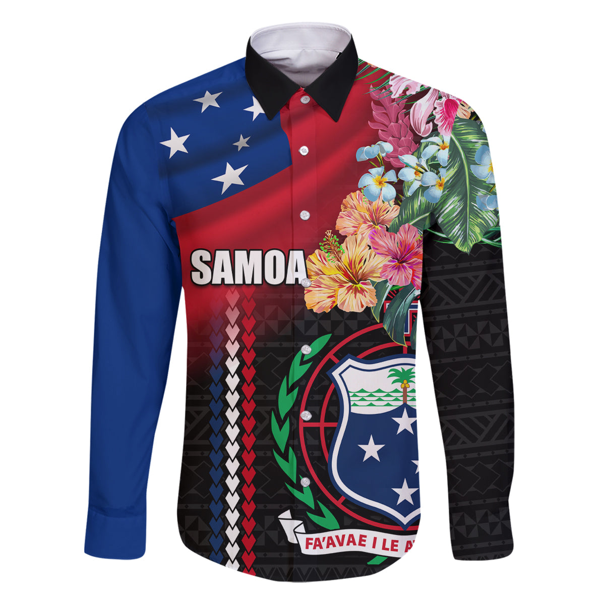Personalised Samoa Indenpendence Day Family Matching Puletasi and Hawaiian Shirt Tropical Samoan Coat of Arms With Siapo Pattern LT03 Dad's Shirt - Long Sleeve Black - Polynesian Pride