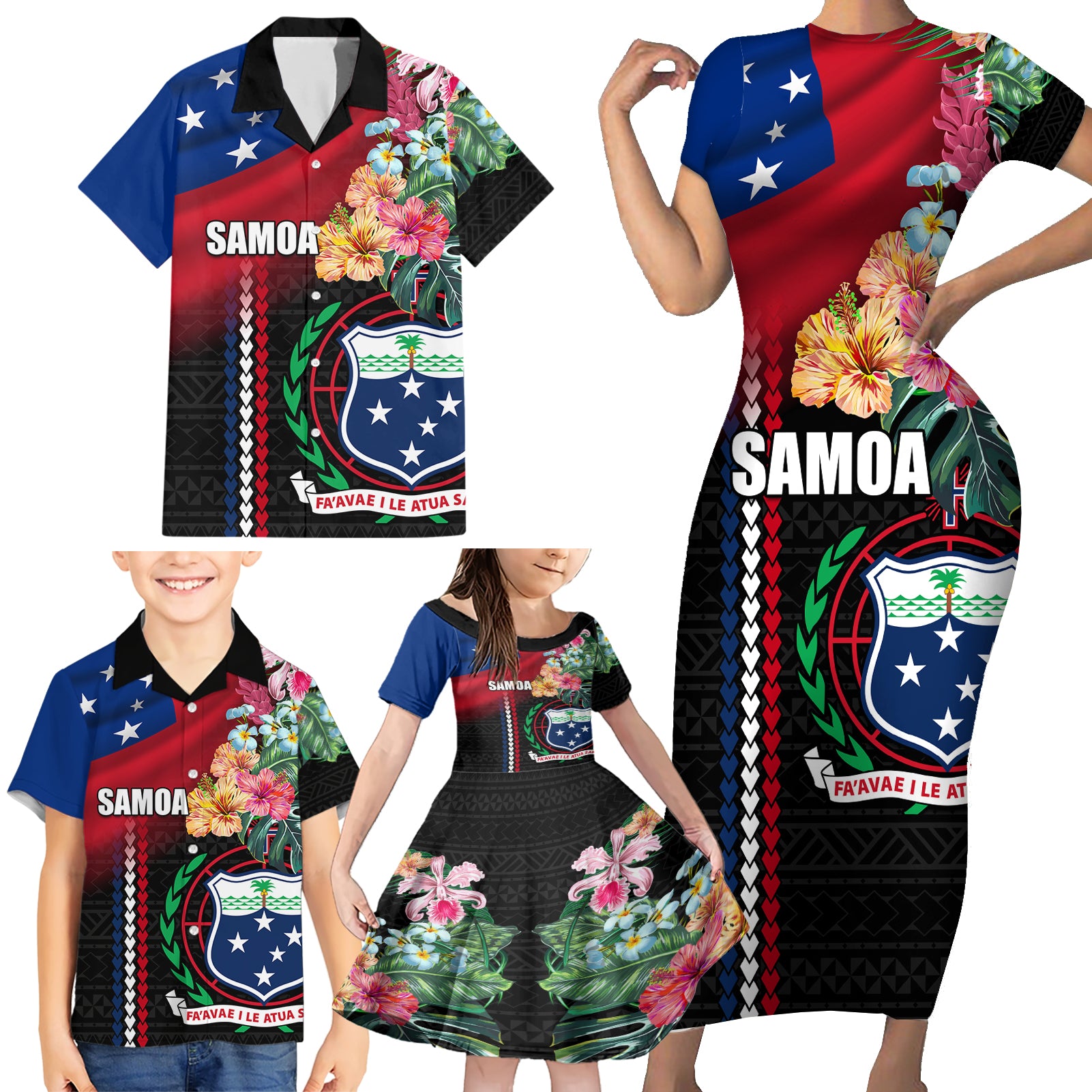 Personalised Samoa Indenpendence Day Family Matching Short Sleeve Bodycon Dress and Hawaiian Shirt Tropical Samoan Coat of Arms With Siapo Pattern LT03 - Polynesian Pride