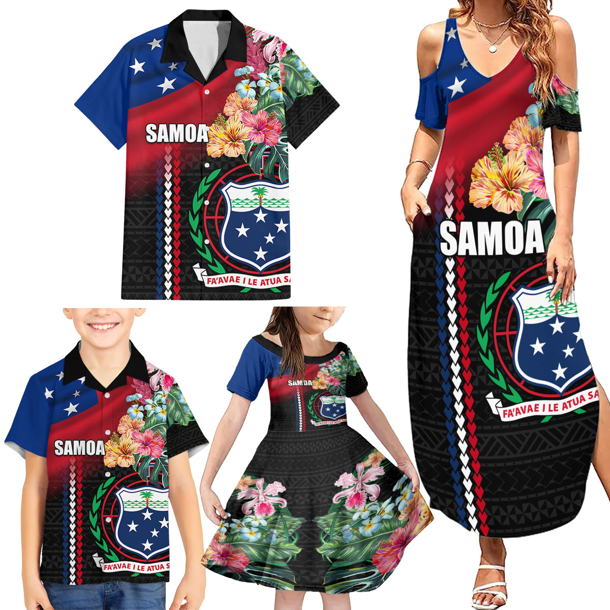 Personalised Samoa Indenpendence Day Family Matching Summer Maxi Dress and Hawaiian Shirt Tropical Samoan Coat of Arms With Siapo Pattern LT03 - Polynesian Pride