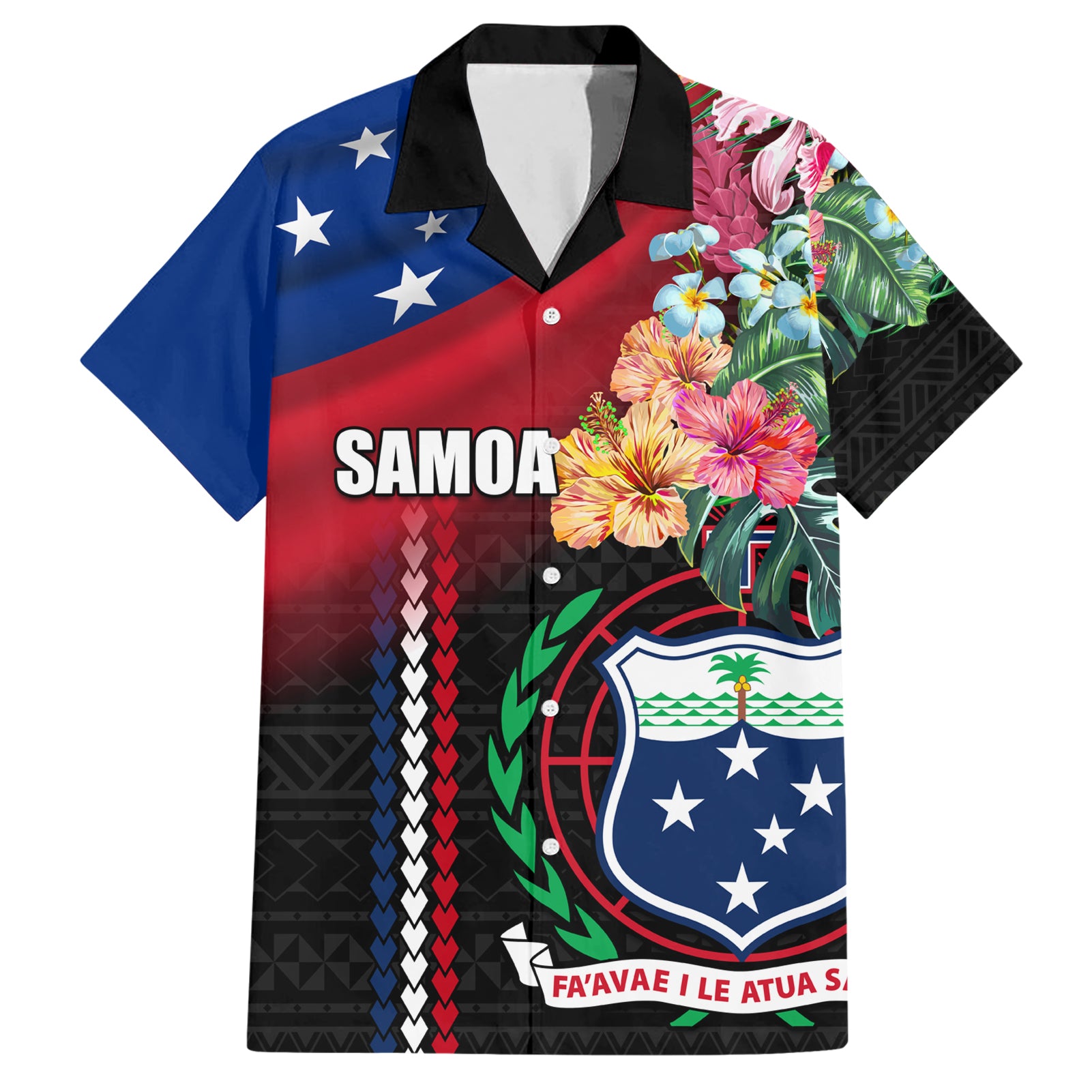 Personalised Samoa Indenpendence Day Hawaiian Shirt Tropical Samoan Coat of Arms With Siapo Pattern LT03 Black - Polynesian Pride