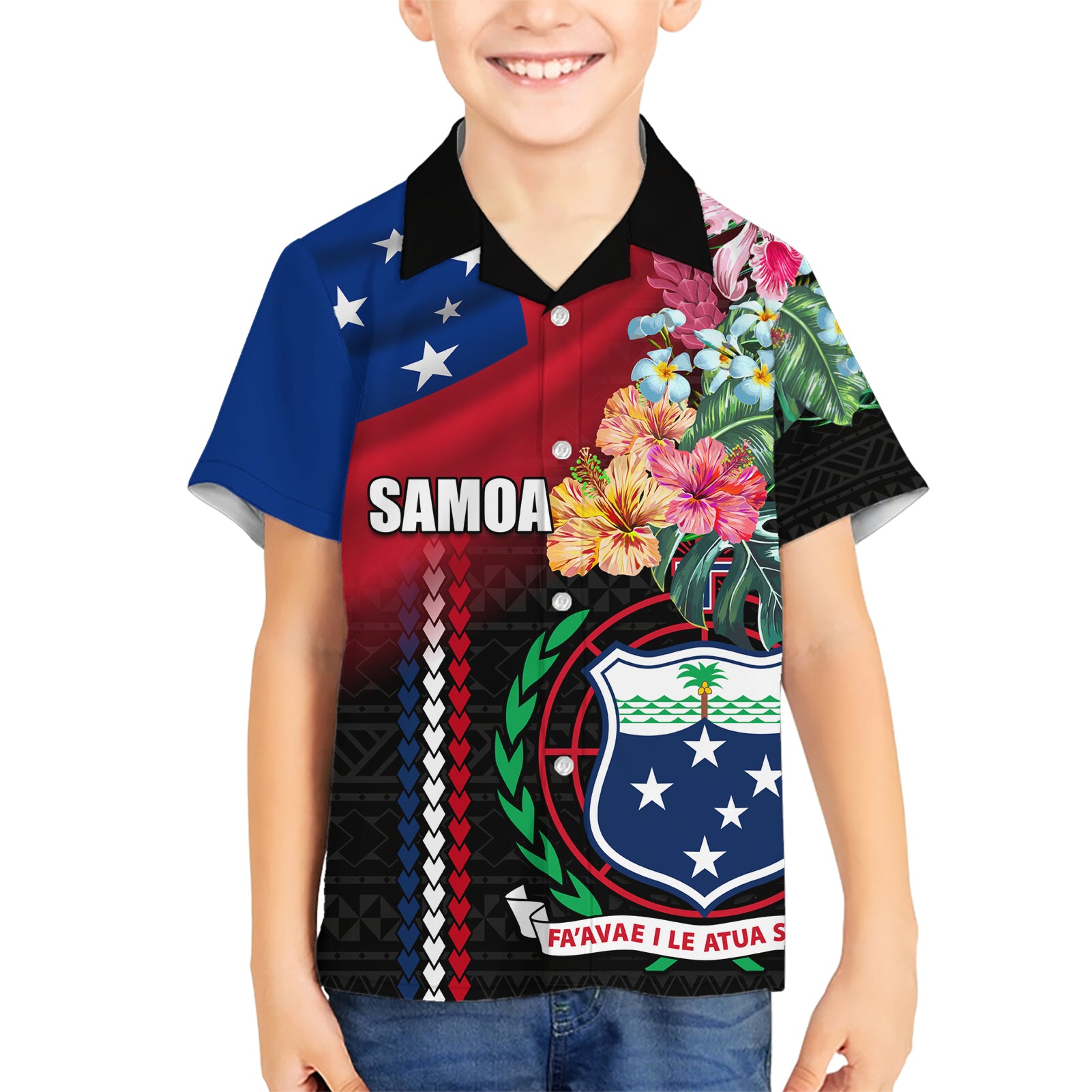 Personalised Samoa Indenpendence Day Kid Hawaiian Shirt Tropical Samoan Coat of Arms With Siapo Pattern LT03 Kid Black - Polynesian Pride