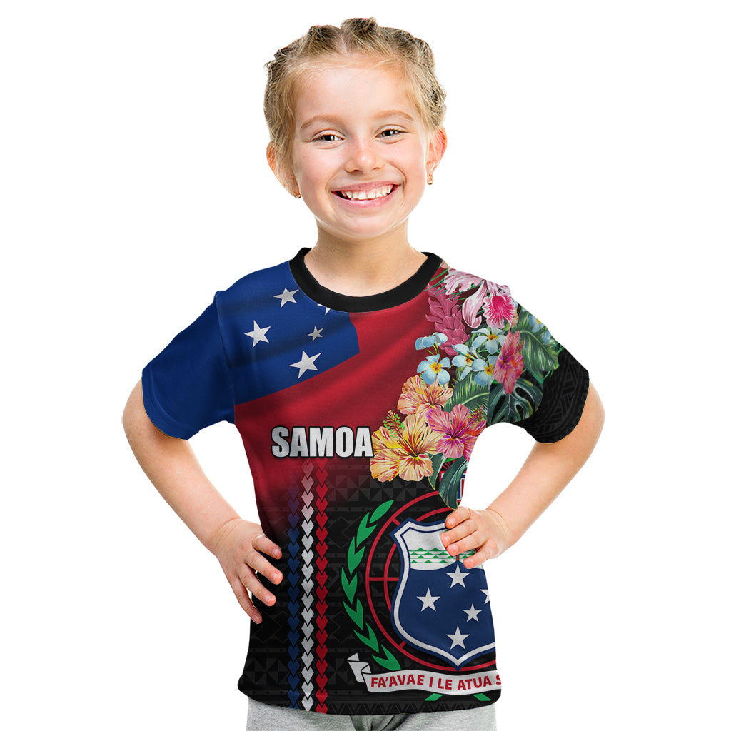 Personalised Samoa Indenpendence Day Kid T Shirt Tropical Samoan Coat of Arms With Siapo Pattern LT03 Black - Polynesian Pride