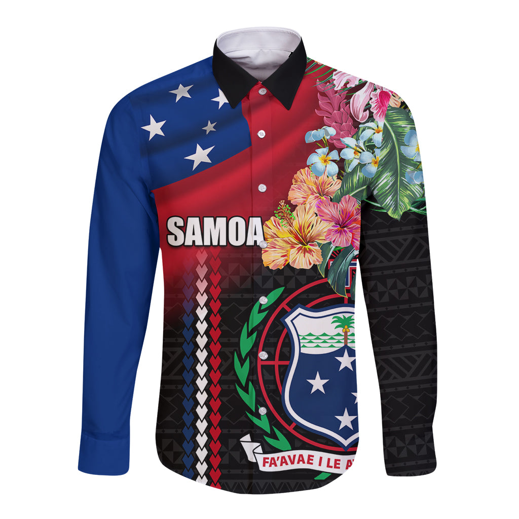 Personalised Samoa Indenpendence Day Long Sleeve Button Shirt Tropical Samoan Coat of Arms With Siapo Pattern LT03 Unisex Black - Polynesian Pride