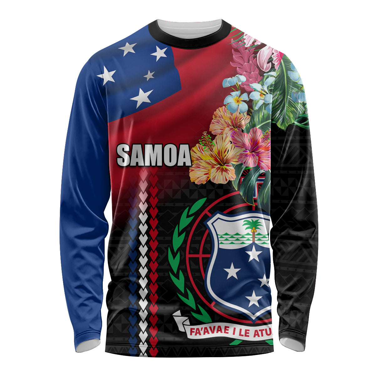 Personalised Samoa Indenpendence Day Long Sleeve Shirt Tropical Samoan Coat of Arms With Siapo Pattern LT03 Unisex Black - Polynesian Pride