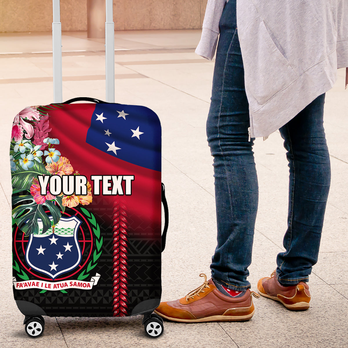 Personalised Samoa Indenpendence Day Luggage Cover Tropical Samoan Coat of Arms With Siapo Pattern LT03 Black - Polynesian Pride