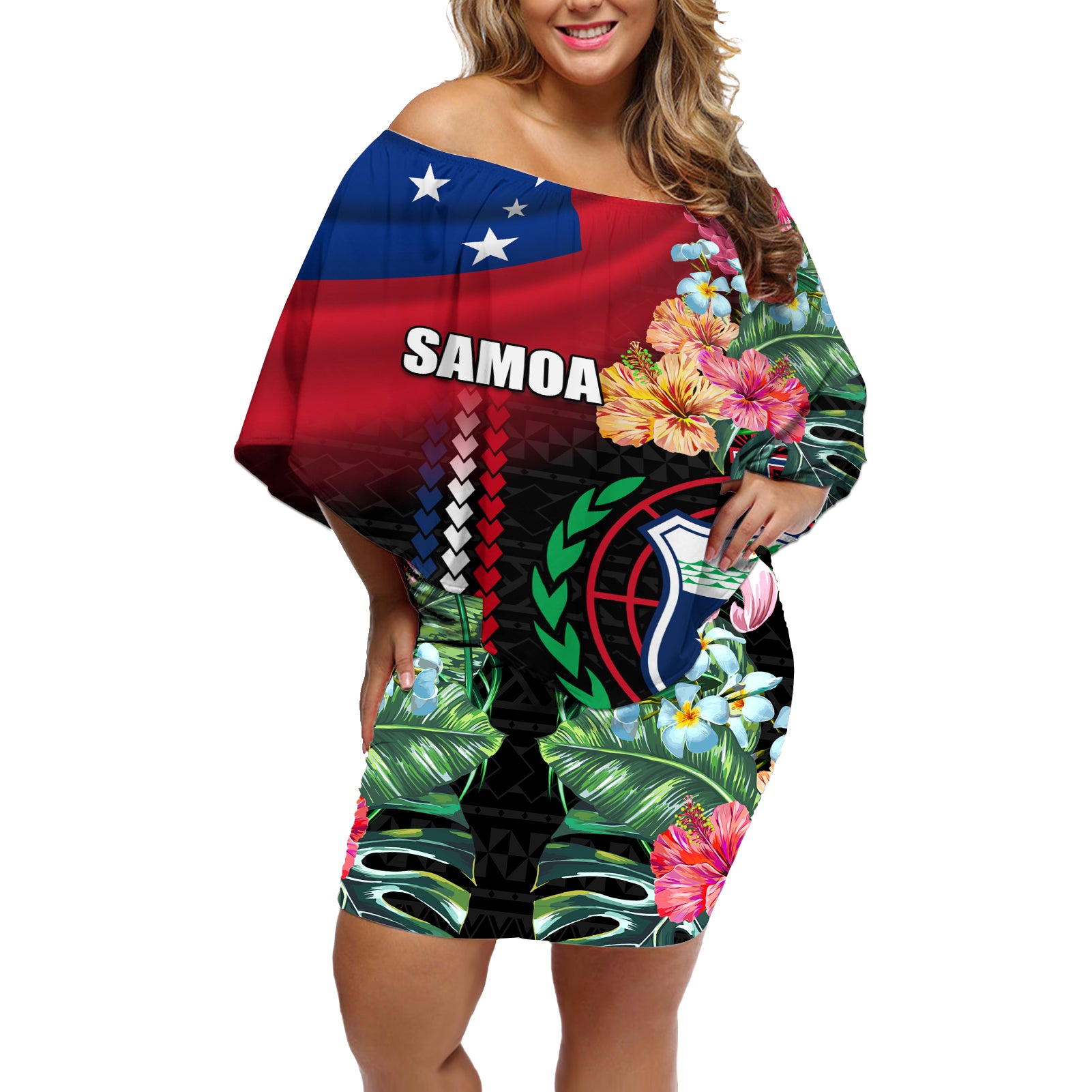 Personalised Samoa Indenpendence Day Off Shoulder Short Dress Tropical Samoan Coat of Arms With Siapo Pattern LT03 Women Black - Polynesian Pride