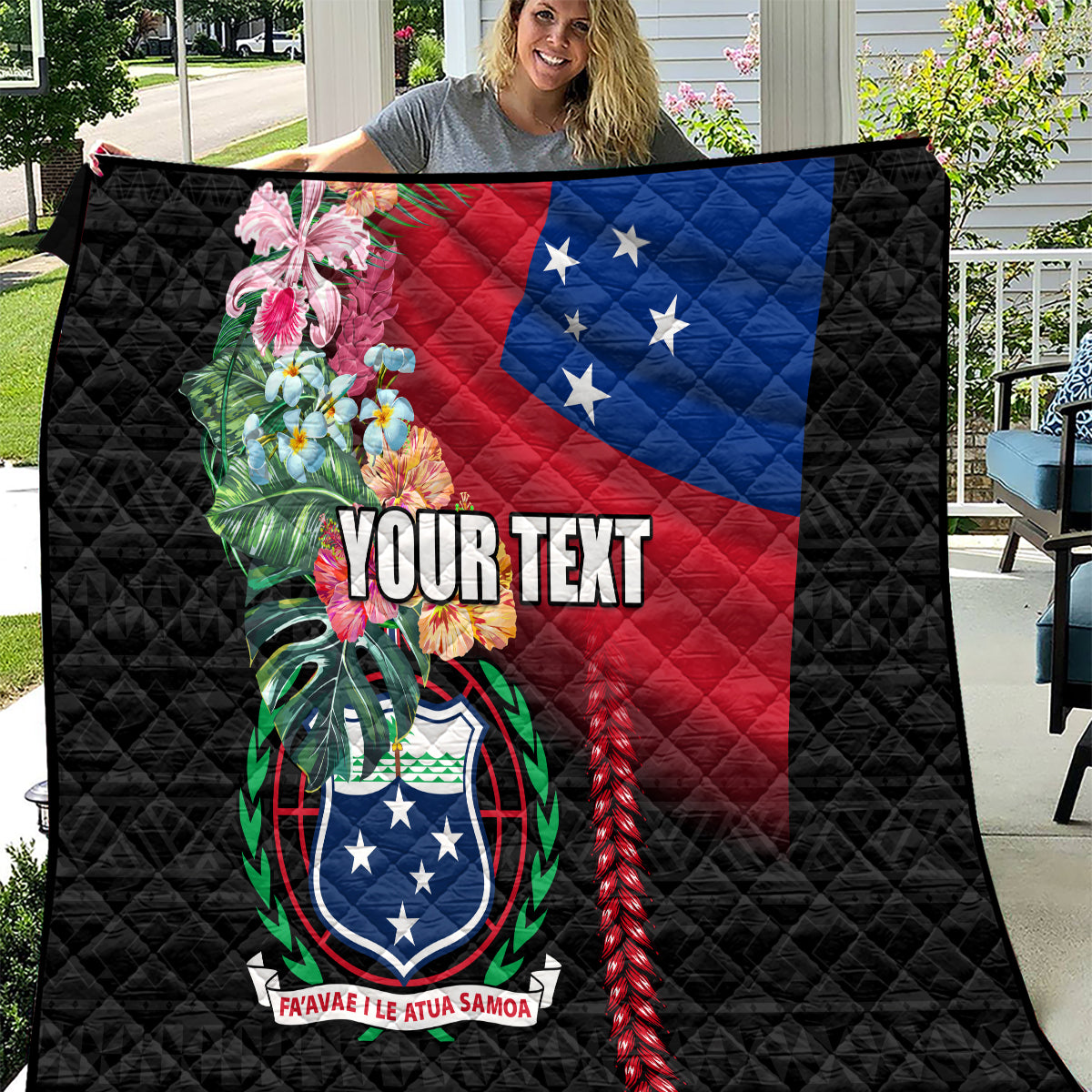 Personalised Samoa Indenpendence Day Quilt Tropical Samoan Coat of Arms With Siapo Pattern LT03 Black - Polynesian Pride