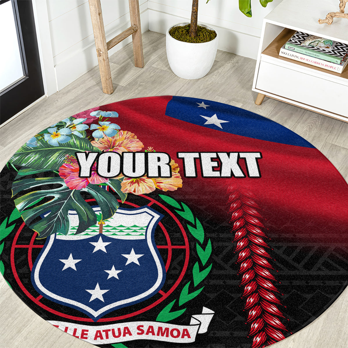 Personalised Samoa Indenpendence Day Round Carpet Tropical Samoan Coat of Arms With Siapo Pattern LT03 Black - Polynesian Pride