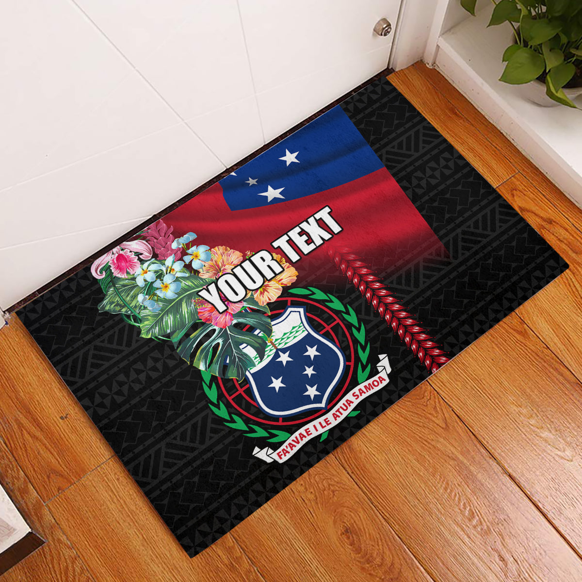 Personalised Samoa Indenpendence Day Rubber Doormat Tropical Samoan Coat of Arms With Siapo Pattern LT03 Black - Polynesian Pride