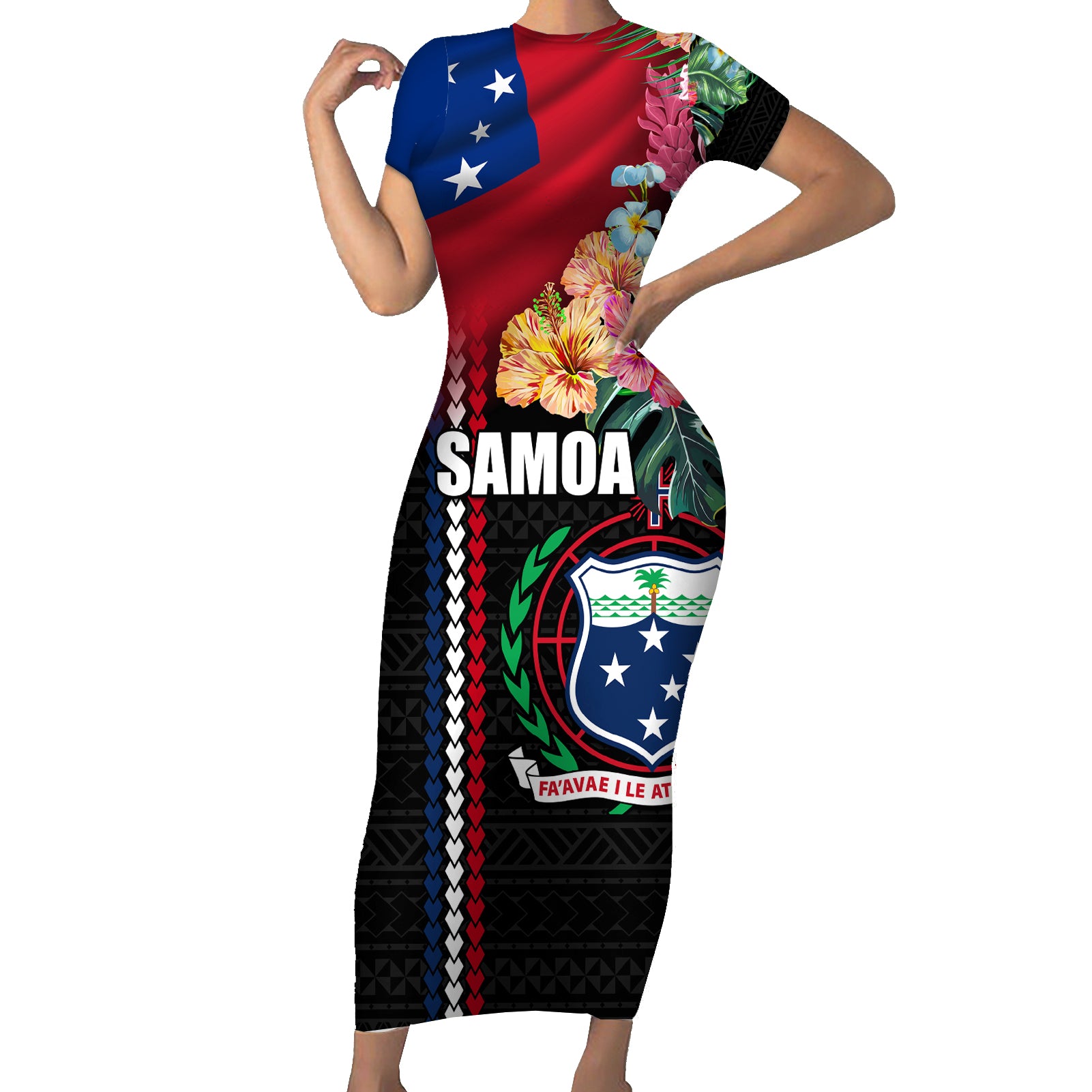 Personalised Samoa Indenpendence Day Short Sleeve Bodycon Dress Tropical Samoan Coat of Arms With Siapo Pattern LT03 Long Dress Black - Polynesian Pride