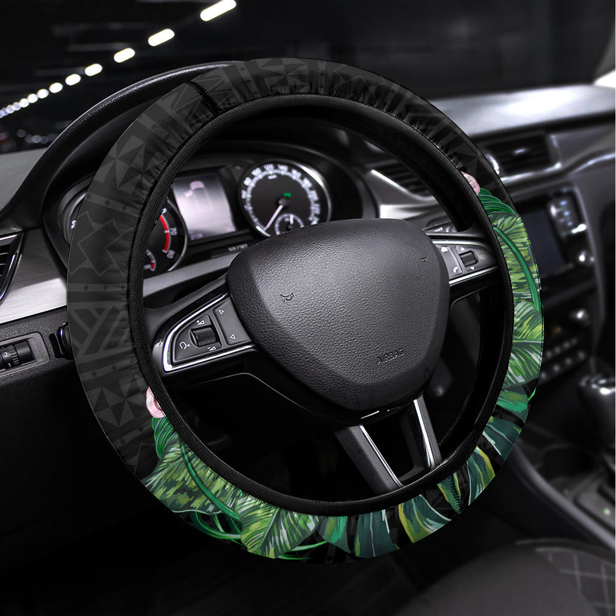 Personalised Samoa Indenpendence Day Steering Wheel Cover Tropical Samoan Coat of Arms With Siapo Pattern LT03 Universal Fit Black - Polynesian Pride