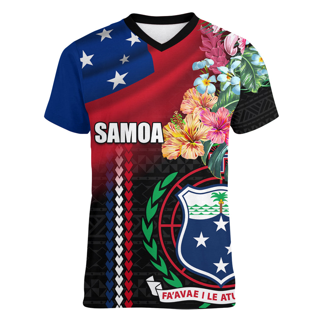 Personalised Samoa Indenpendence Day Women V Neck T Shirt Tropical Samoan Coat of Arms With Siapo Pattern LT03 Female Black - Polynesian Pride