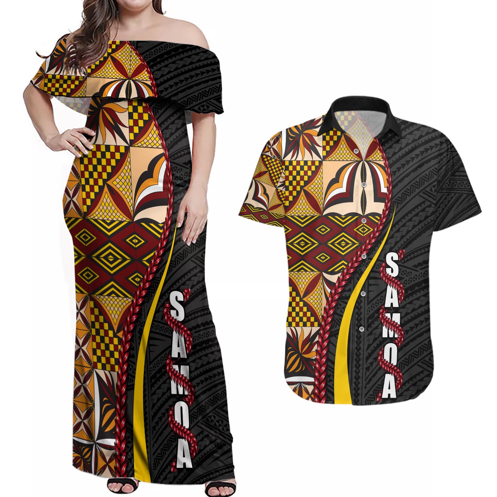 Samoa Siapo Ula Fala Couples Matching Off Shoulder Maxi Dress and Hawaiian Shirt Polynesian Tribal Pattern LT03 Black - Polynesian Pride