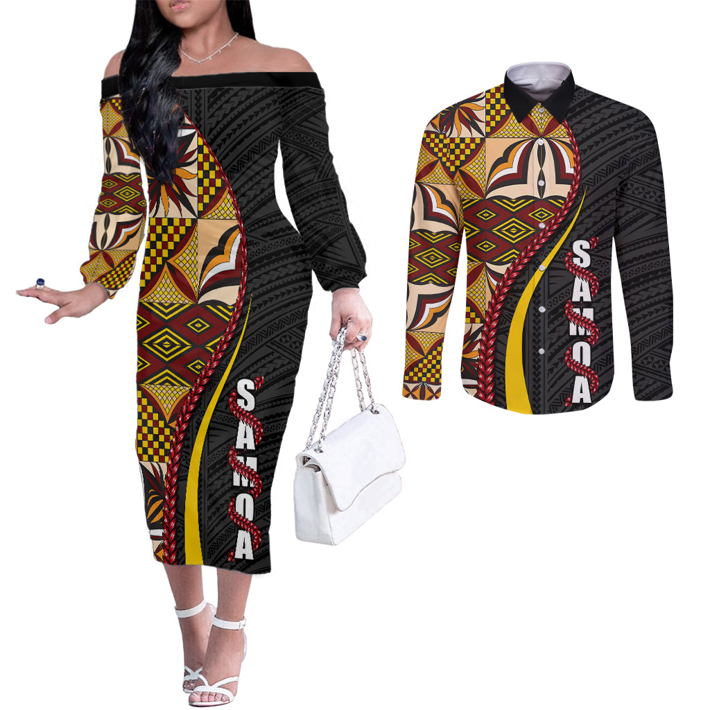 Samoa Siapo Ula Fala Couples Matching Off The Shoulder Long Sleeve Dress and Long Sleeve Button Shirt Polynesian Tribal Pattern LT03 Black - Polynesian Pride