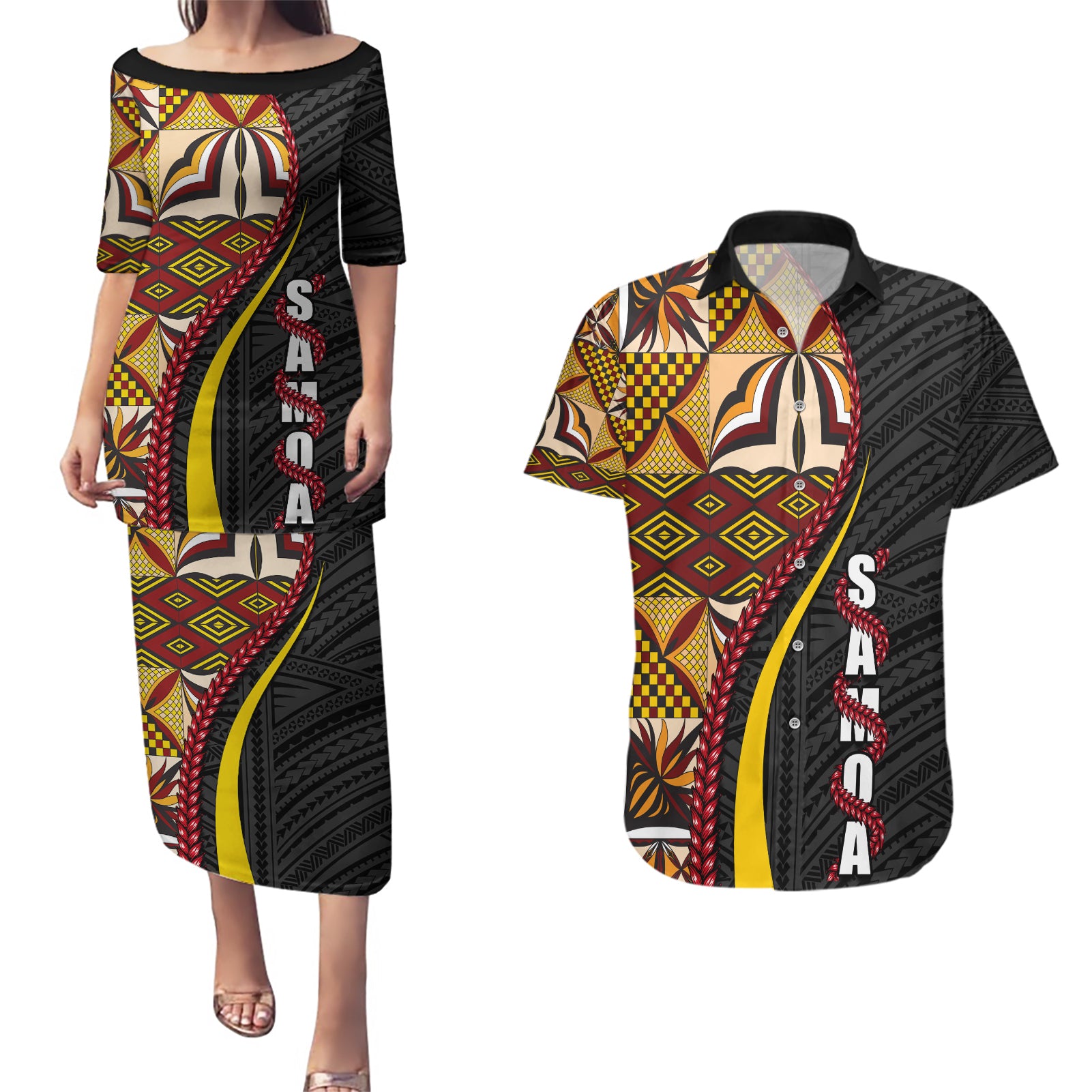 Samoa Siapo Ula Fala Couples Matching Puletasi and Hawaiian Shirt Polynesian Tribal Pattern LT03 Black - Polynesian Pride