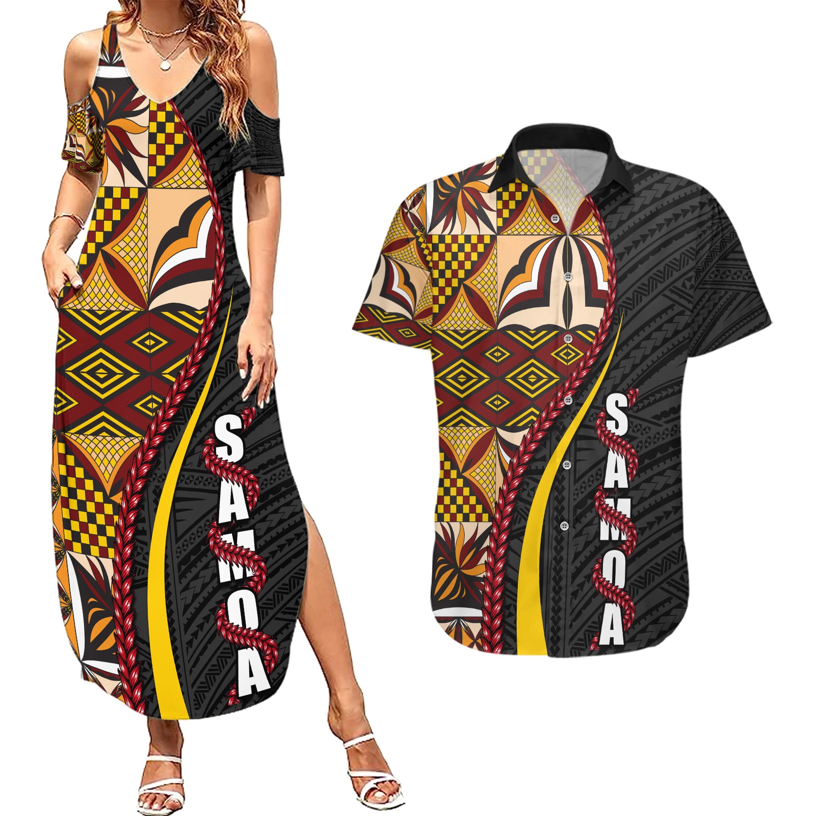 Samoa Siapo Ula Fala Couples Matching Summer Maxi Dress and Hawaiian Shirt Polynesian Tribal Pattern LT03 Black - Polynesian Pride