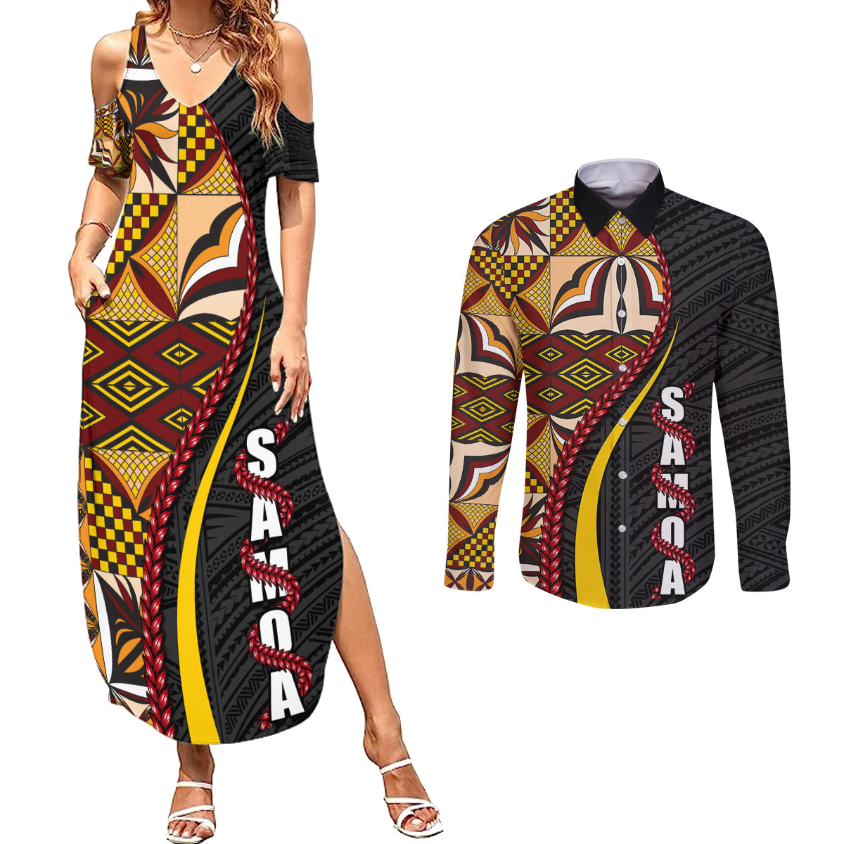 Samoa Siapo Ula Fala Couples Matching Summer Maxi Dress and Long Sleeve Button Shirt Polynesian Tribal Pattern LT03 Black - Polynesian Pride