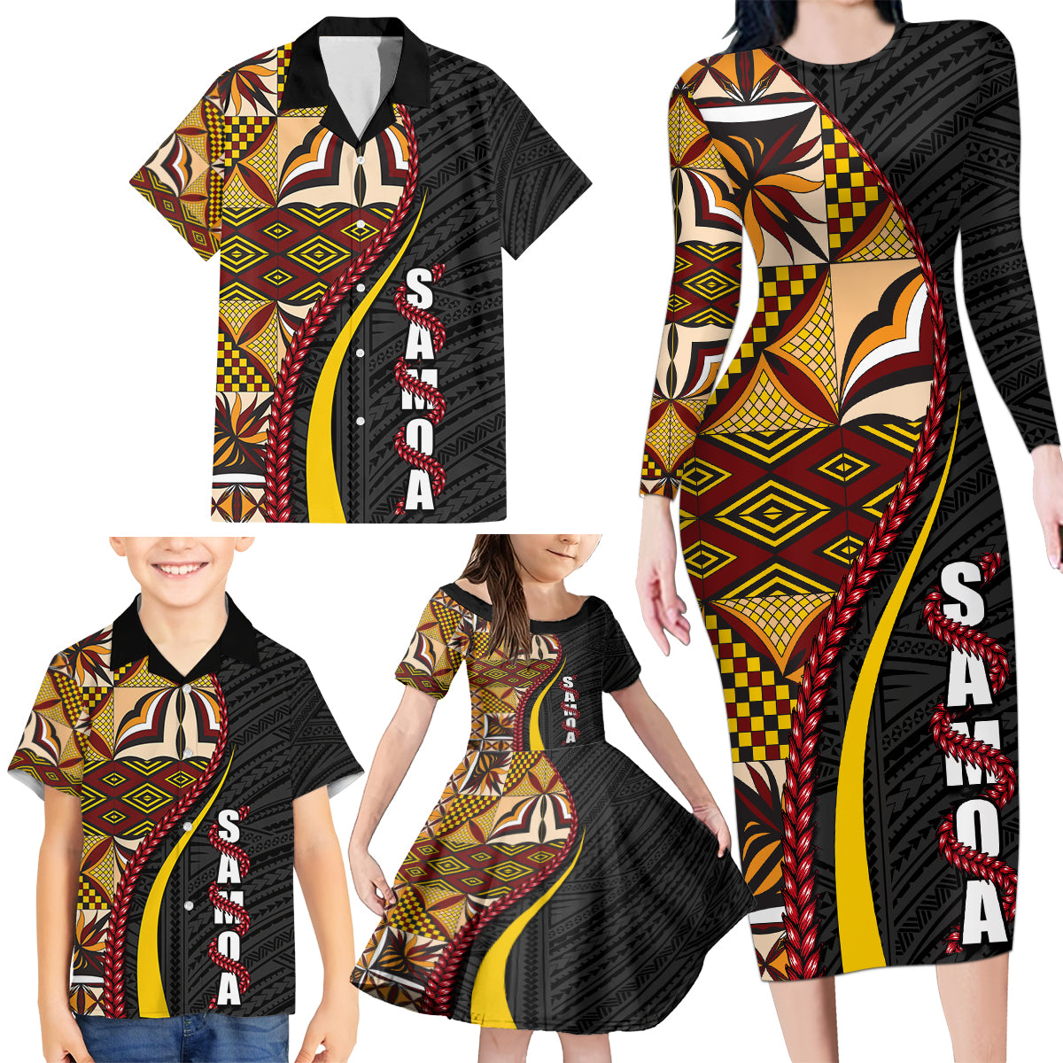 Samoa Siapo Ula Fala Family Matching Long Sleeve Bodycon Dress and Hawaiian Shirt Polynesian Tribal Pattern LT03 - Polynesian Pride