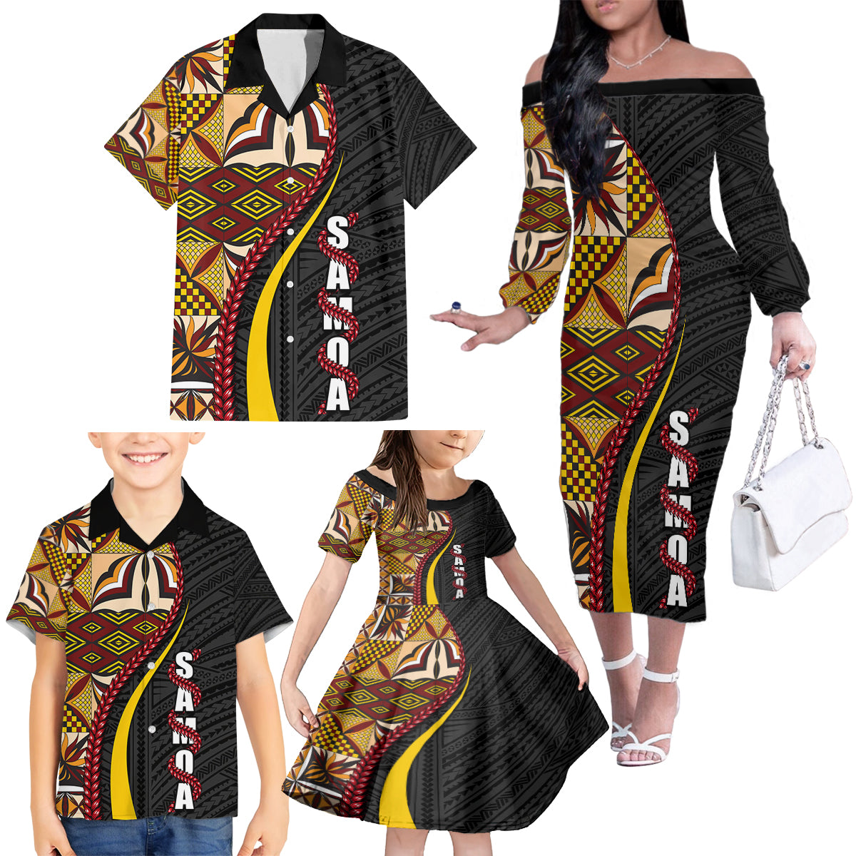 Samoa Siapo Ula Fala Family Matching Off Shoulder Long Sleeve Dress and Hawaiian Shirt Polynesian Tribal Pattern LT03 - Polynesian Pride