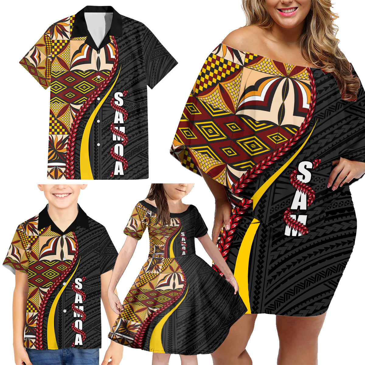 Samoa Siapo Ula Fala Family Matching Off Shoulder Short Dress and Hawaiian Shirt Polynesian Tribal Pattern LT03 - Polynesian Pride