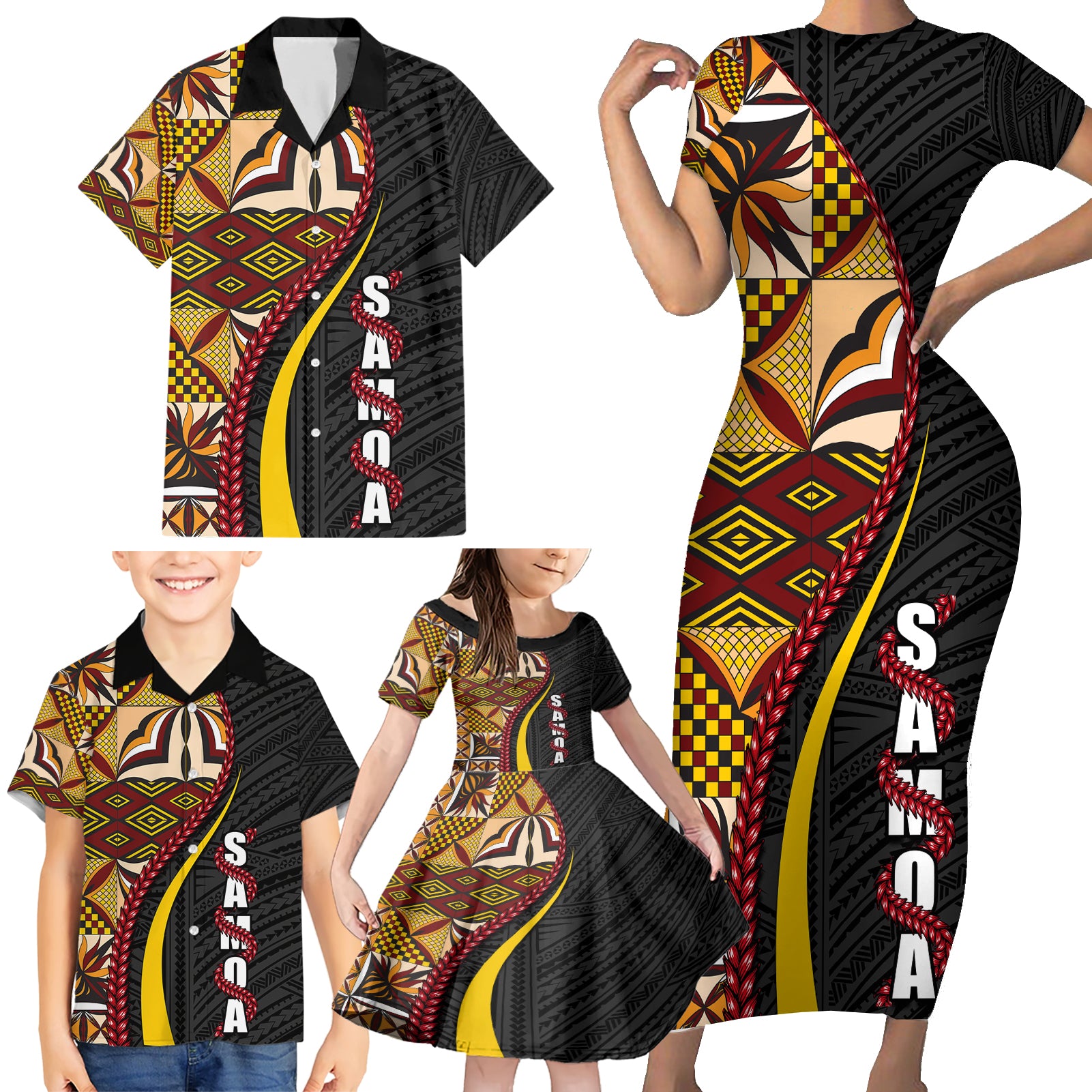 Samoa Siapo Ula Fala Family Matching Short Sleeve Bodycon Dress and Hawaiian Shirt Polynesian Tribal Pattern LT03 - Polynesian Pride