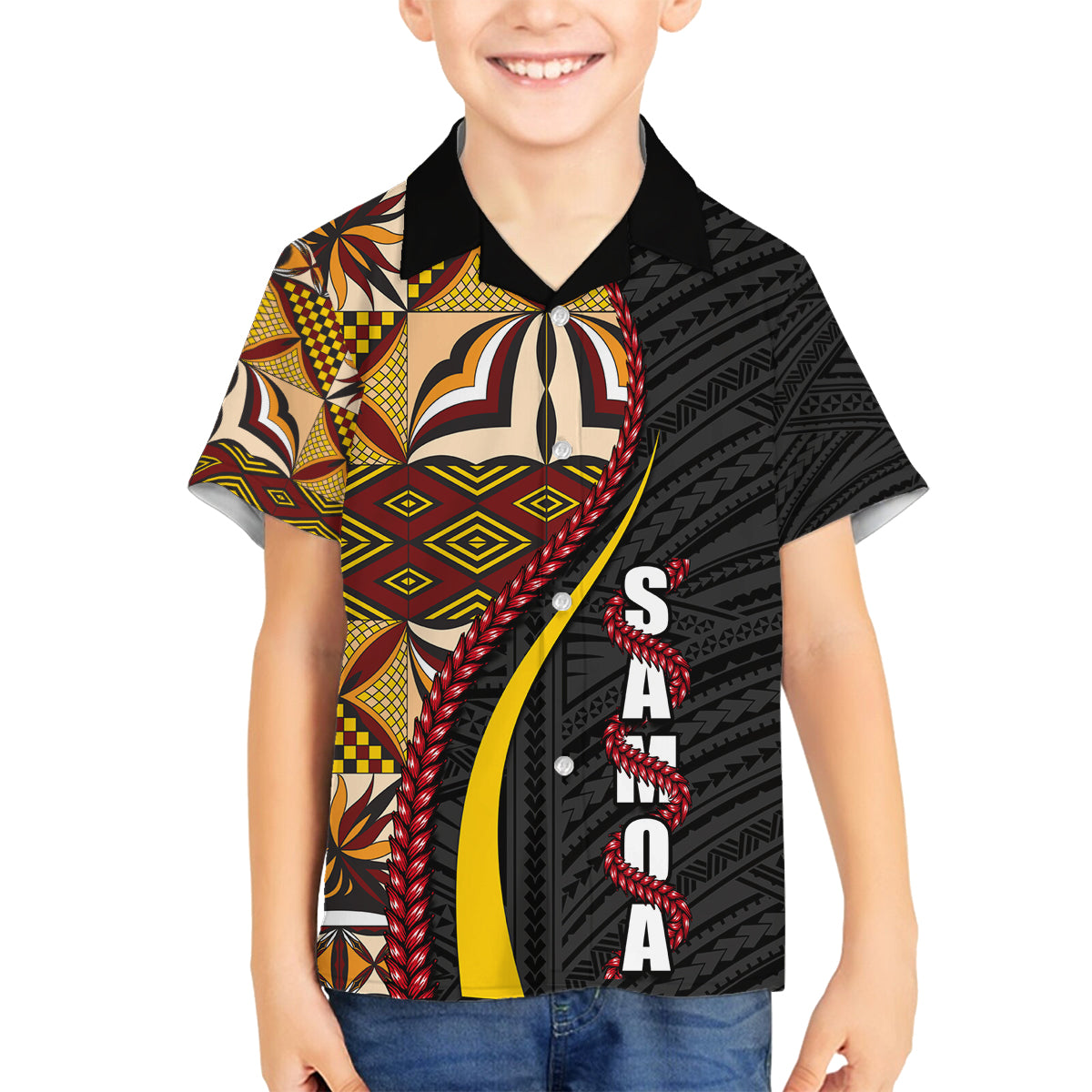 Samoa Siapo Ula Fala Family Matching Tank Maxi Dress and Hawaiian Shirt Polynesian Tribal Pattern LT03 Son's Shirt Black - Polynesian Pride