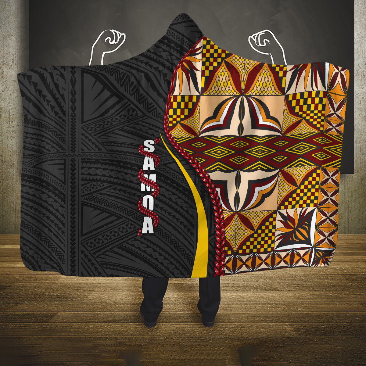 Samoa Siapo Ula Fala Hooded Blanket Polynesian Tribal Pattern LT03 One Size Black - Polynesian Pride