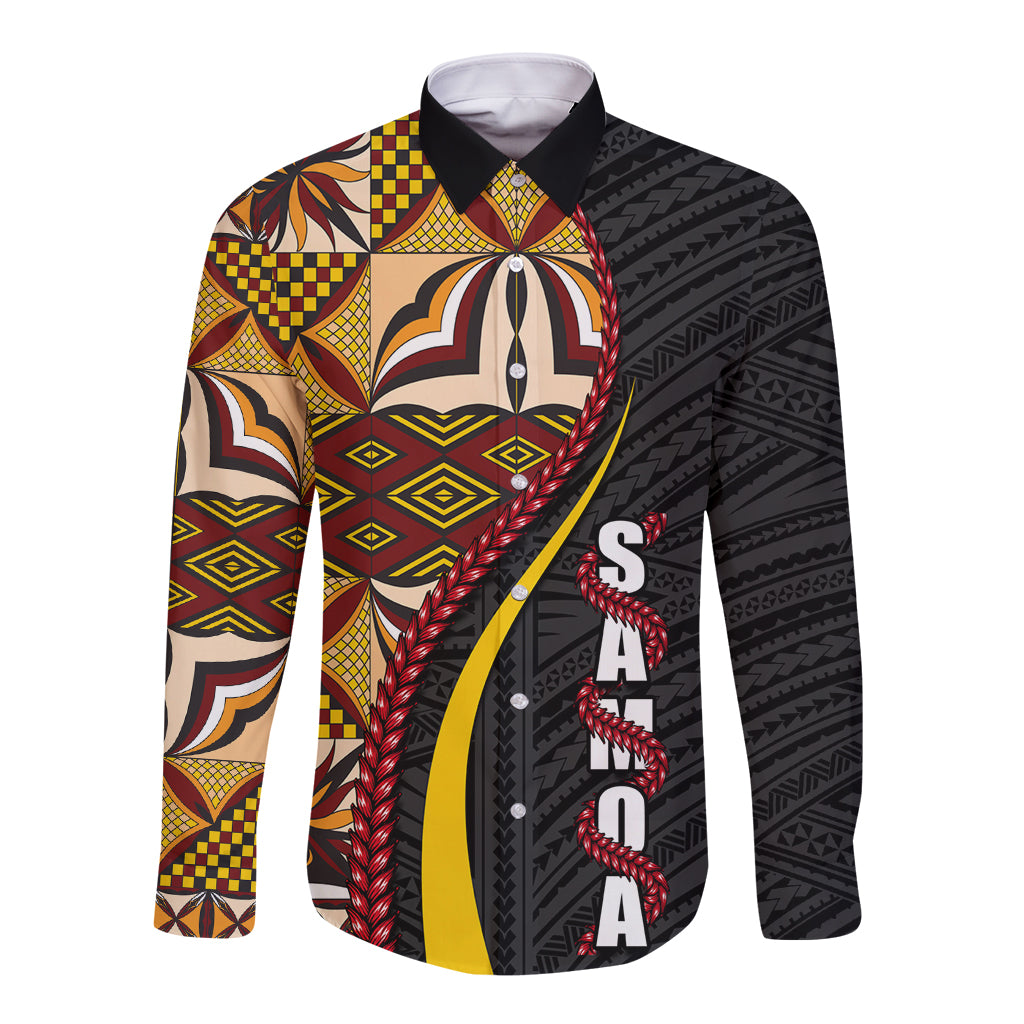 Samoa Siapo Ula Fala Long Sleeve Button Shirt Polynesian Tribal Pattern LT03 Unisex Black - Polynesian Pride