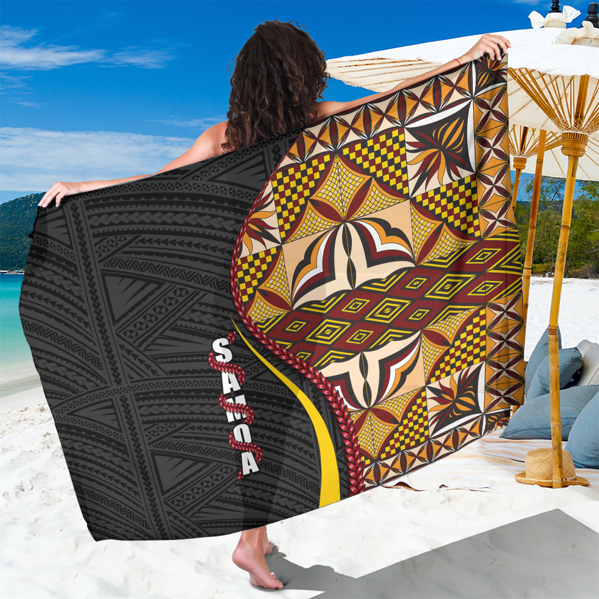 Samoa Siapo Ula Fala Sarong Polynesian Tribal Pattern LT03 One Size 44 x 66 inches Black - Polynesian Pride