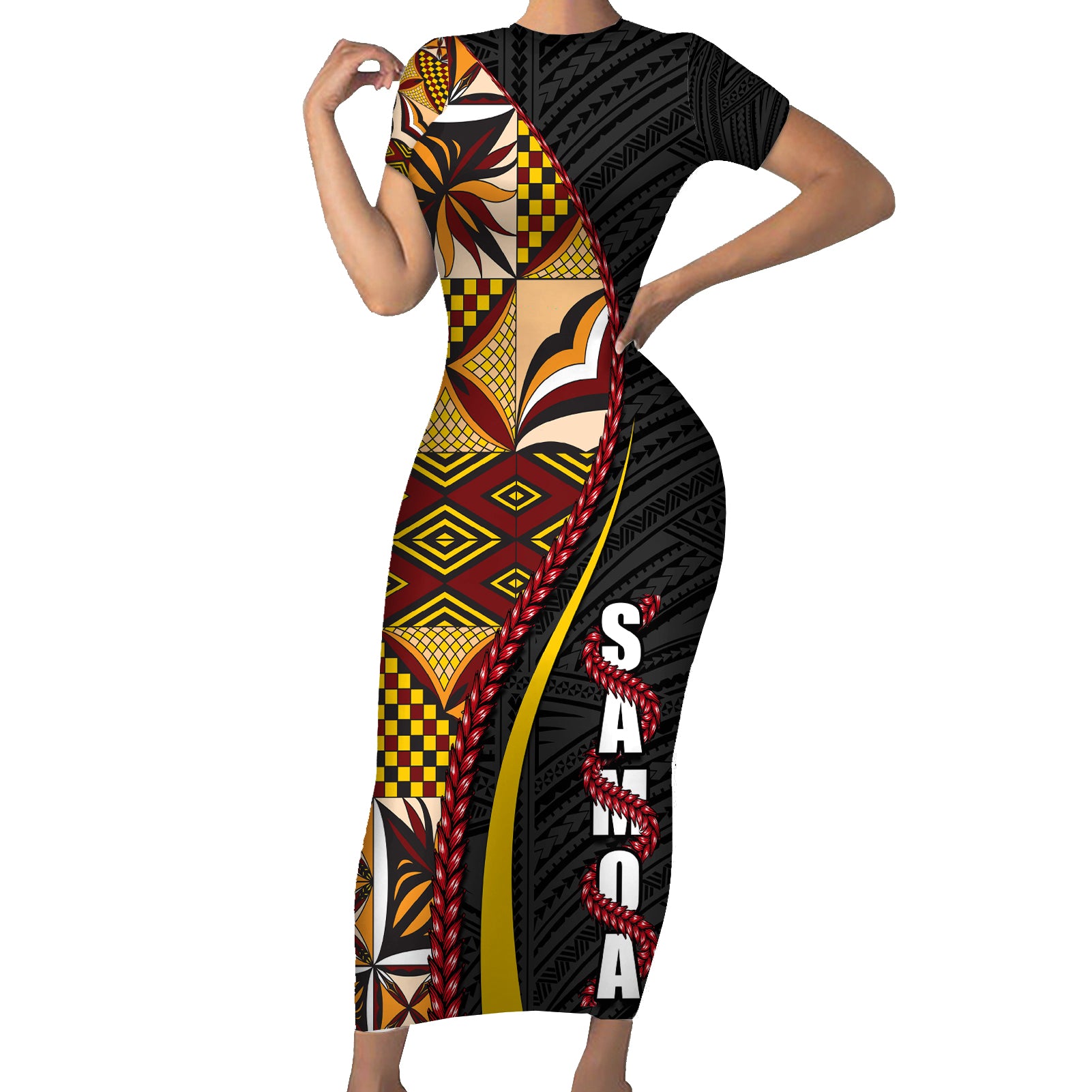 Samoa Siapo Ula Fala Short Sleeve Bodycon Dress Polynesian Tribal Pattern LT03 Long Dress Black - Polynesian Pride