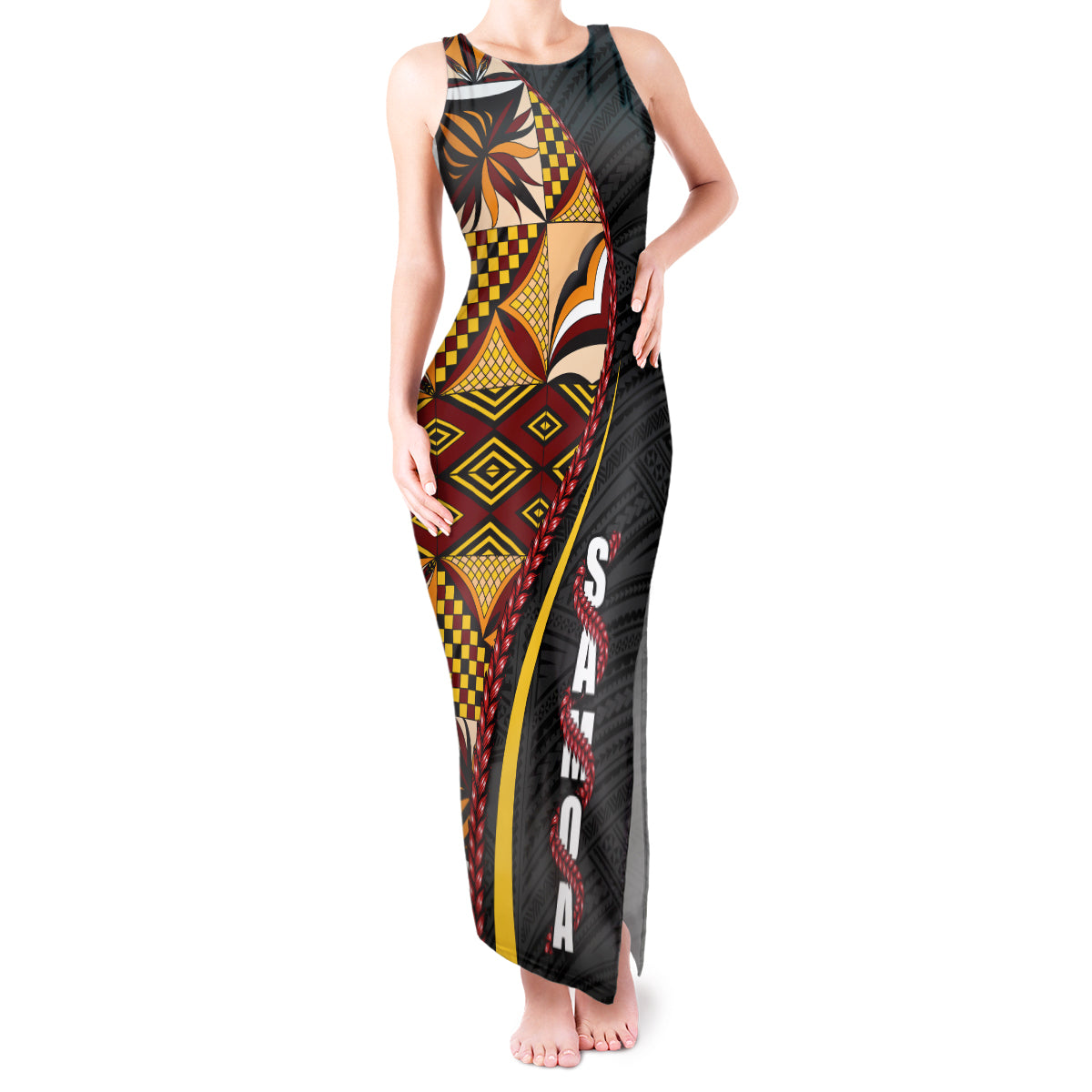 Samoa Siapo Ula Fala Tank Maxi Dress Polynesian Tribal Pattern LT03 Women Black - Polynesian Pride