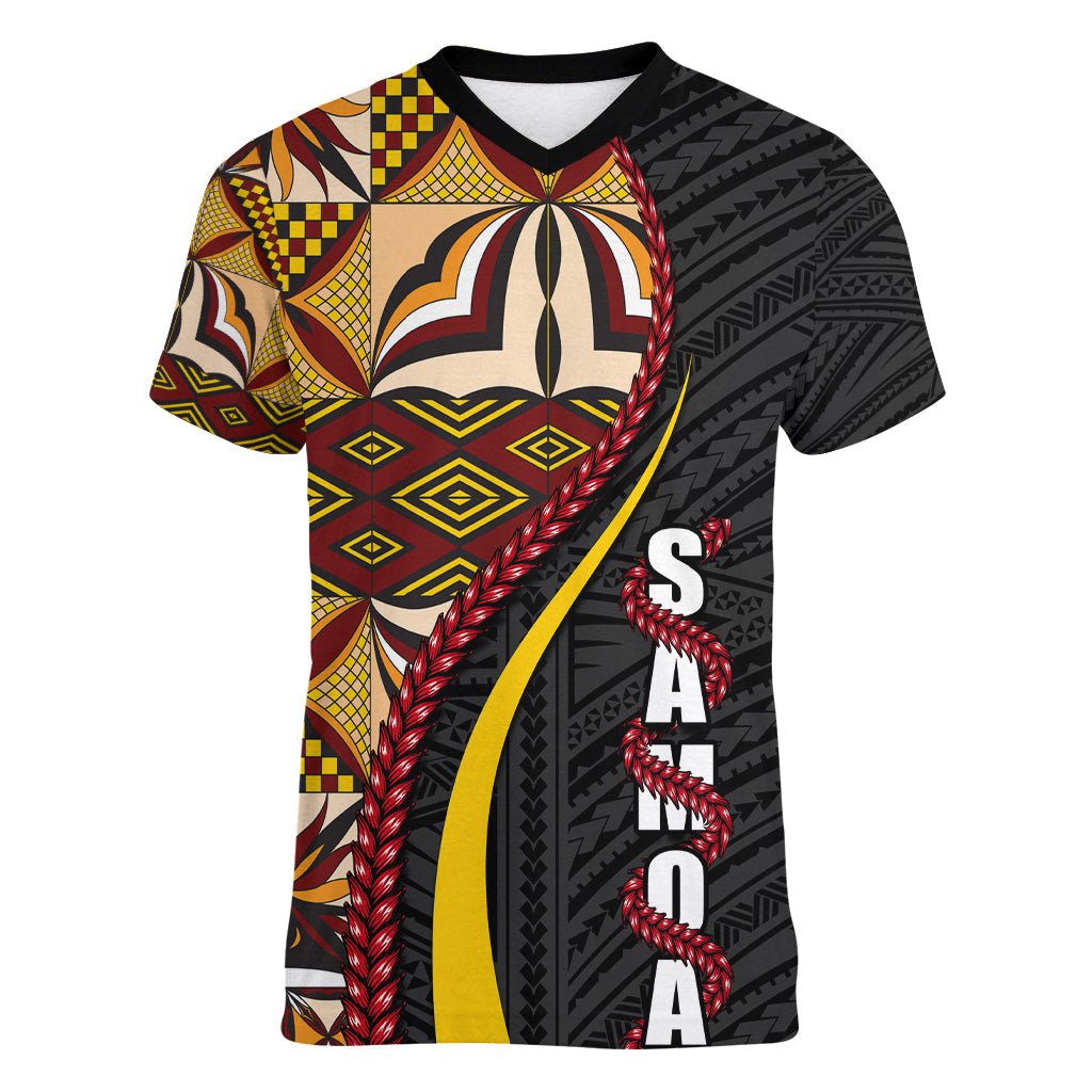 Samoa Siapo Ula Fala Women V Neck T Shirt Polynesian Tribal Pattern LT03 Female Black - Polynesian Pride