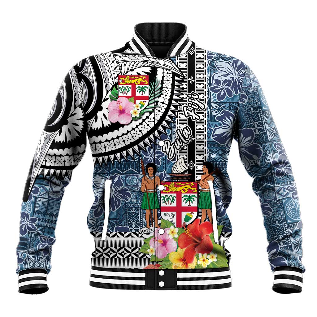 Fiji Day Baseball Jacket Traditional Tapa with Hibiscus and Emblems