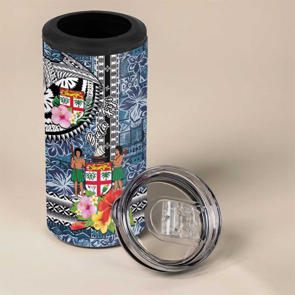 Fiji Day 4 in 1 Can Cooler Tumbler Traditional Tapa with Hibiscus and Emblems