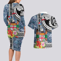 Fiji Day Couples Matching Long Sleeve Bodycon Dress and Hawaiian Shirt Traditional Tapa with Hibiscus and Emblems