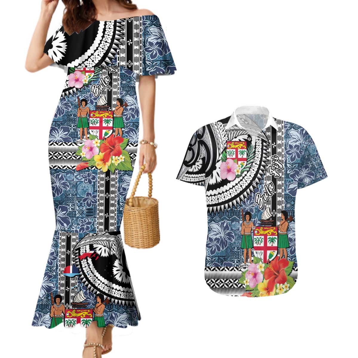 Fiji Day Couples Matching Mermaid Dress and Hawaiian Shirt Traditional Tapa with Hibiscus and Emblems