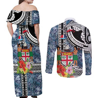 Fiji Day Couples Matching Off Shoulder Maxi Dress and Long Sleeve Button Shirt Traditional Tapa with Hibiscus and Emblems