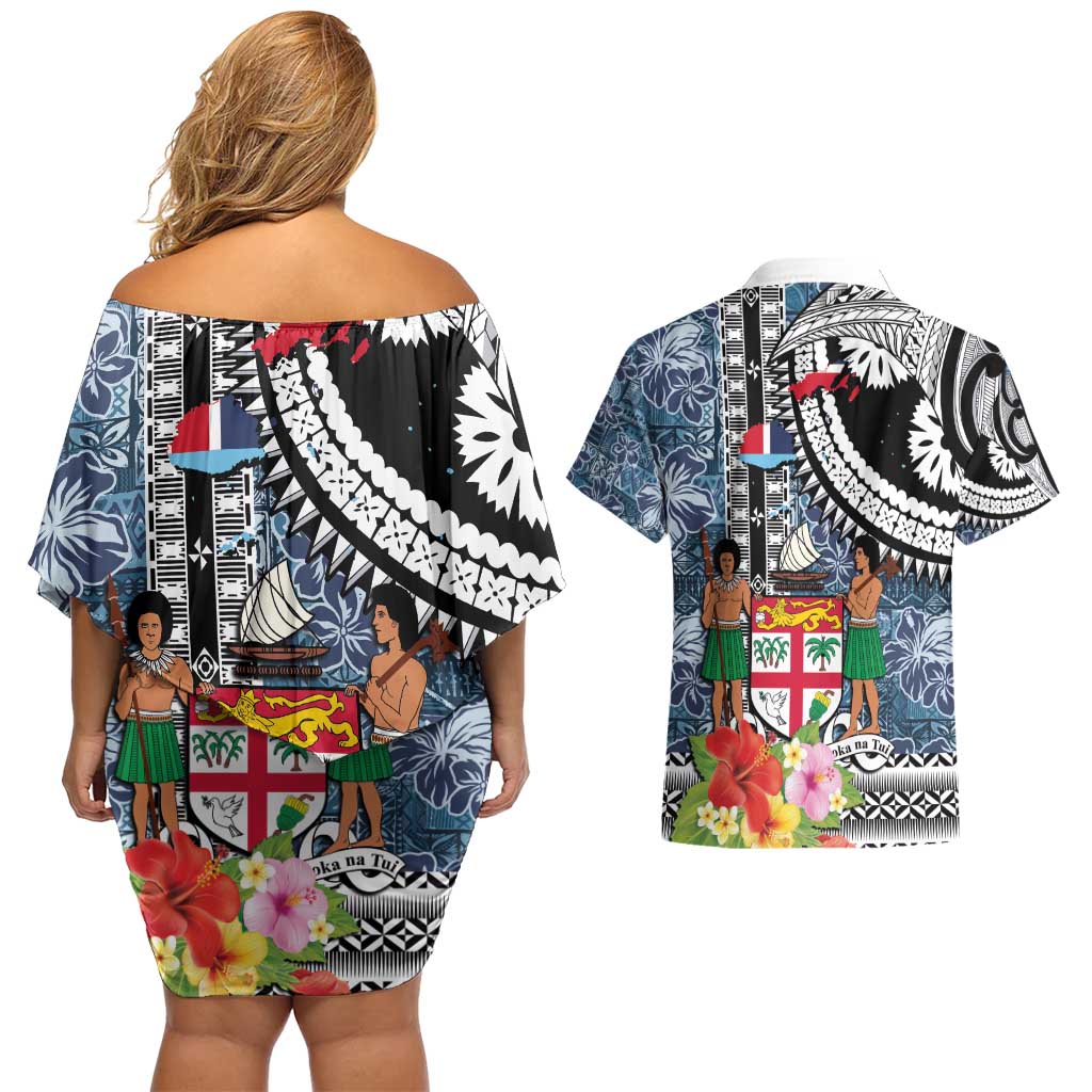 Fiji Day Couples Matching Off Shoulder Short Dress and Hawaiian Shirt Traditional Tapa with Hibiscus and Emblems