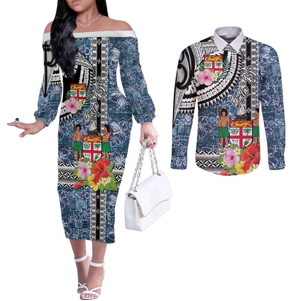 Fiji Day Couples Matching Off The Shoulder Long Sleeve Dress and Long Sleeve Button Shirt Traditional Tapa with Hibiscus and Emblems